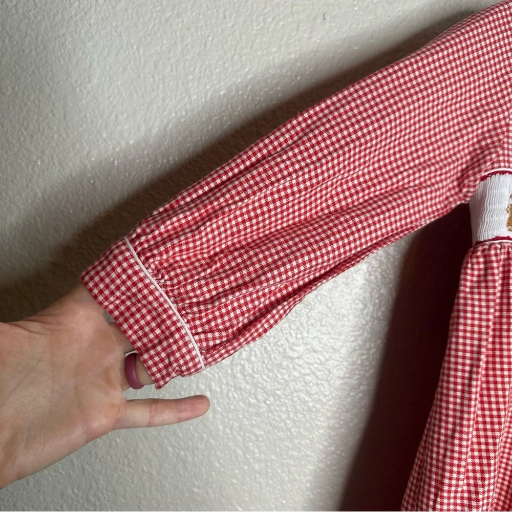 Anavini Collared Gingham Smocked/Embroidered Gingerbread Christmas Red Dress - Picture 2 of 10